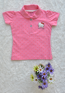 Áo Cổ Trụ Bé Gái Cotton In Mèo Chấm Bi Đại Hồng Phấn