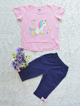 Đồ Bộ Bé Gái Hè In Ngựa Cotton 100% Xanh Đen