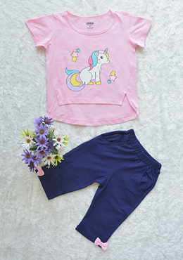 Đồ Bộ Bé Gái Hè In Ngựa Cotton 100% Xanh Đen