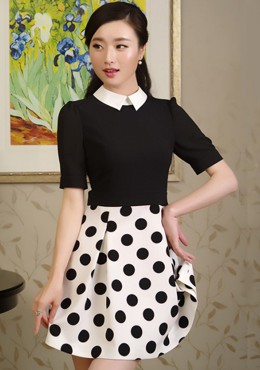 LD639 Đầm liền cổ sơ mi chân chấm bi
