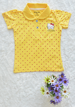 Áo Cổ Trụ Bé Gái Cotton In Mèo Chấm Bi Đại Vàng