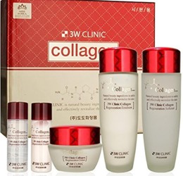 ឈុតថែរក្សាស្បែក Collagen 3W Clinic ចំនួន 3 ឈុត៖ សាប៊ូបន្ទន់ (150ml), សាប៊ូអេមុលសិន (150ml), ក្រែម (60ml), សាប៊ូបន្ទន់ (30ml), សាប៊ូអេមុលសិន (30ml)