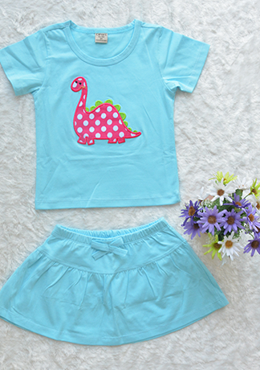 Đồ Bộ Chân Váy Cotton Bé Gái Thêu Xanh