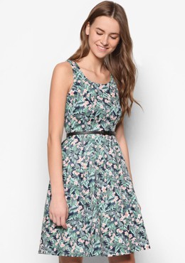 Đầm Xòe Họa Tiết Hoa Xanh lá