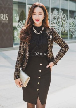 C524 Chân váy khuy chéo xẻ trước