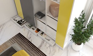 A Bedroom Design With Modular Furniture In Yellow And Grey