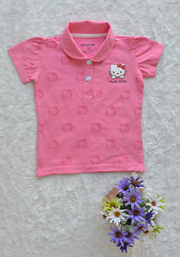 Áo Cổ Trụ Bé Gái Cotton In Mèo In Kitty Đại Hồng Phấn 