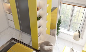 A Bedroom Design With Modular Furniture In Yellow And Grey