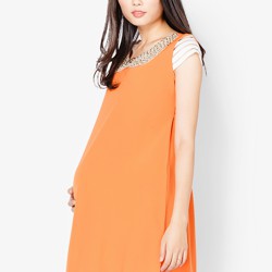 Váy voan cam cổ sen đính cườm tay ngắn Lam Phát