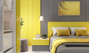 A Bedroom Design With Modular Furniture In Yellow And Grey