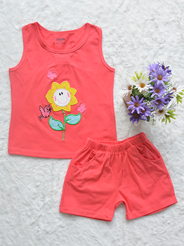 Đồ Bộ Bé Gái Ba Lỗ Thêu Hoa Hè Hồng Dâu