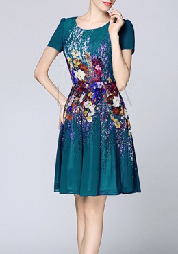LD648 Đầm hoa lụa dáng xòe