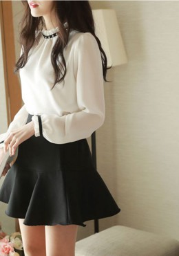 LS655 Áo sơ mi nữ cổ tròn đính đá