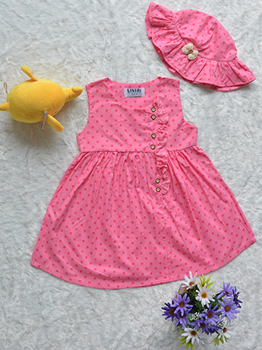 Đầm Chấm Bi Bé Gái Khuy Nón Nhí Hồng