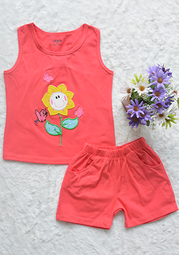 Đồ Bộ Bé Gái Ba Lỗ Thêu Hoa Hè Hồng Dâu