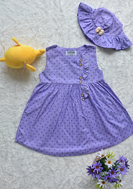 Đầm Chấm Bi Bé Gái Khuy Nón Trung Tím