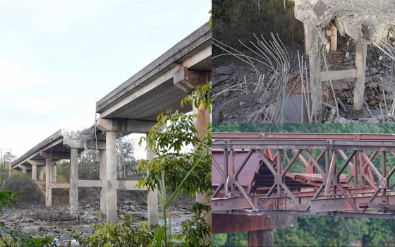 ទិដ្ឋភាពនៃការខូចខាត ស្ពានជ័យជម្នះ (មេទឹក) ដែលស្ថិតក្នុងឃុំថ្មដារ ស្រុកវាលវែង ខេត្តពោធិ៍សាត់ ដោយទាហានឈ្លានពានថៃ បានទម្លាក់គ្រាប់បែកដោយប្រើយន្តហោះ F-16