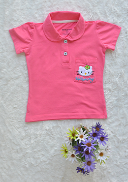 Áo Cổ Trụ Bé Gái Cotton In Mèo Đại Hồng Sen