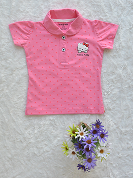 Áo Cổ Trụ Bé Gái Cotton In Mèo Chấm Bi Đại Hồng Phấn