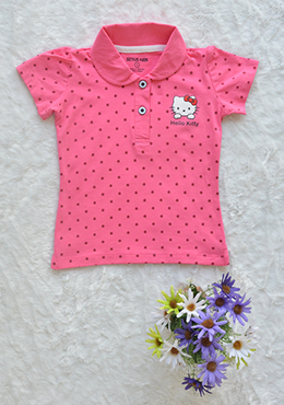 Áo Cổ Trụ Bé Gái Cotton In Mèo Chấm Bi Đại Hồng Sen