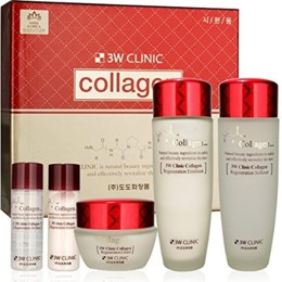 ឈុតថែរក្សាស្បែក Collagen 3W Clinic ចំនួន 3 ឈុត៖ សាប៊ូបន្ទន់ (150ml), សាប៊ូអេមុលសិន (150ml), ក្រែម (60ml), សាប៊ូបន្ទន់ (30ml), សាប៊ូអេមុលសិន (30ml)