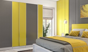 A Bedroom Design With Modular Furniture In Yellow And Grey