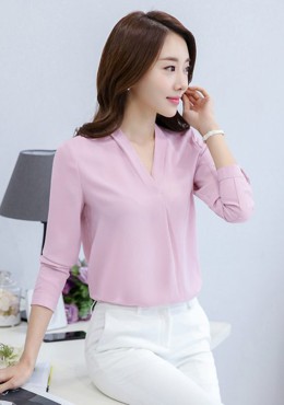 LS658 Áo sơ mi voan lụa tay dài-cổ V