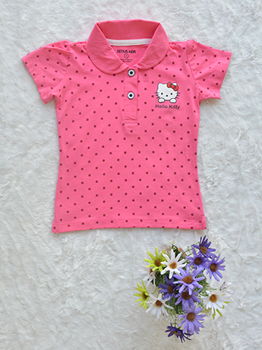 Áo Cổ Trụ Bé Gái Cotton In Mèo Chấm Bi Đại Hồng Sen