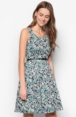 Đầm Xòe Họa Tiết Hoa Xanh lá