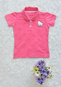 Áo Cổ Trụ Bé Gái Cotton In Mèo In Kitty Nhí Hồng Sen