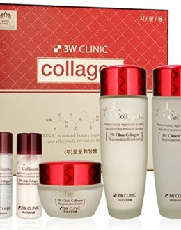 ឈុតថែរក្សាស្បែក Collagen 3W Clinic ចំនួន 3 ឈុត៖ សាប៊ូបន្ទន់ (150ml), សាប៊ូអេមុលសិន (150ml), ក្រែម (60ml), សាប៊ូបន្ទន់ (30ml), សាប៊ូអេមុលសិន (30ml)