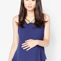 Áo voan xanh sát nách 2 tầng cổ đính cườm Lam Phát