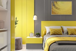 A Bedroom Design With Modular Furniture In Yellow And Grey